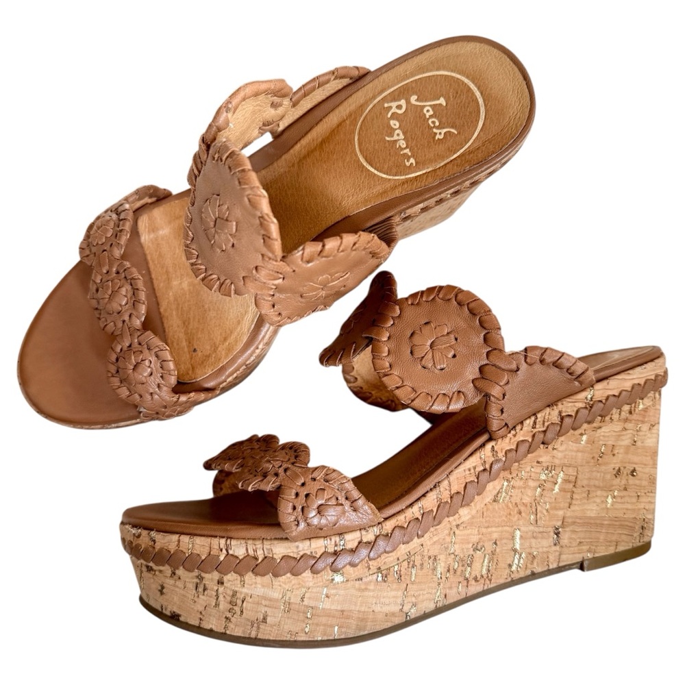 Jack Rogers Leigh Cognac Brown Leather Cork Wedge Sandals Women’s size 5 - Picture 11 of 11